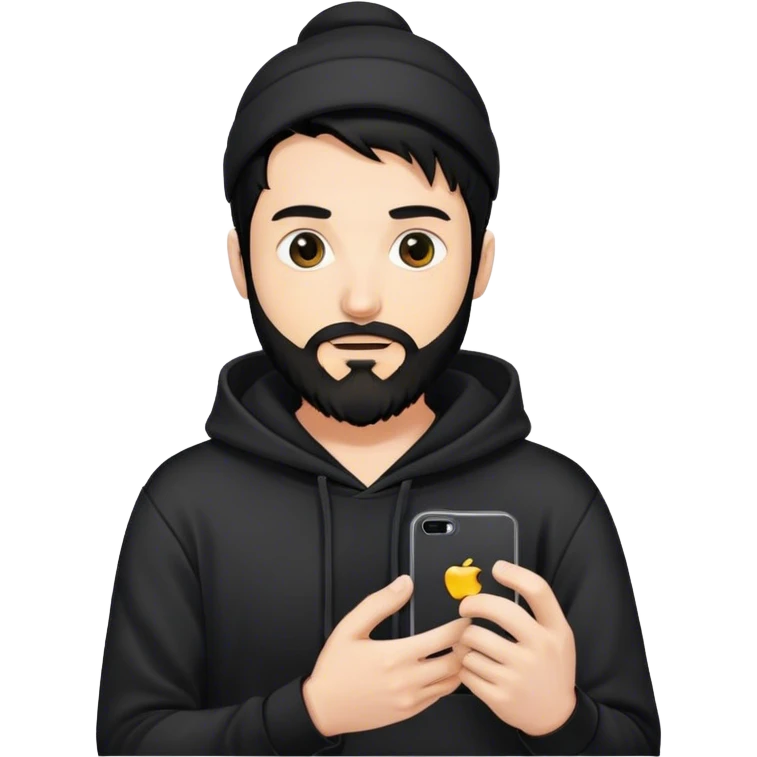 hackeur blanc cheveux noir barbe et capuche noir avec iphone emoji