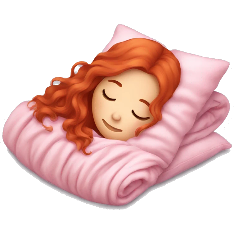 Red hair girl with long wavy hair sleeping with pink blanket and cute pillow emoji