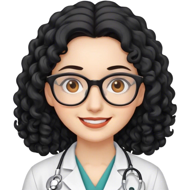smiling doctor woman, brown eyes, white skin,  long black curly hair with glasses emoji