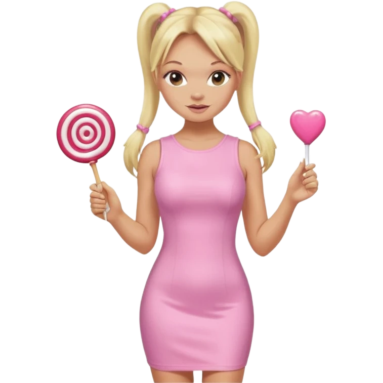 Emma Bunton with long blonde ponytails wearing light pink bodycon dress holding a lollipop emoji