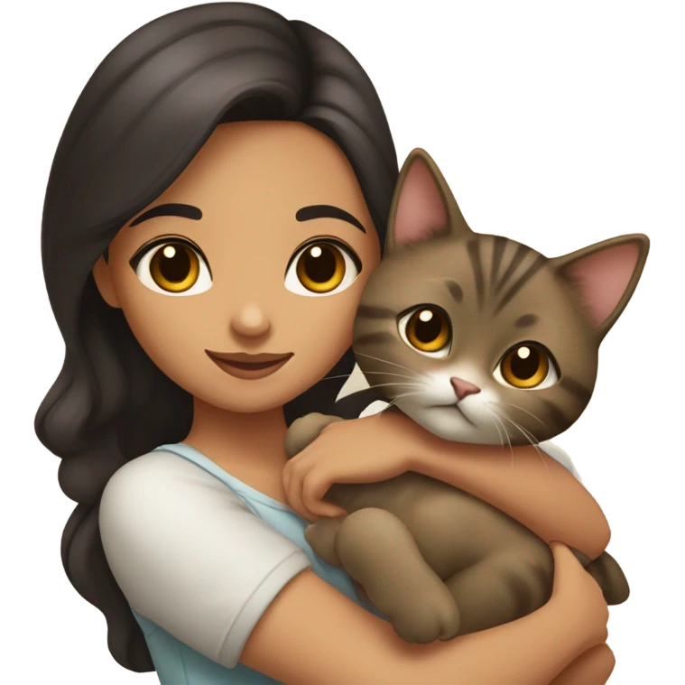 Eurasian girl with dark brown hair neutral tan olive skin long brown hair and brown eyes with arched brows holding a kitten emoji
