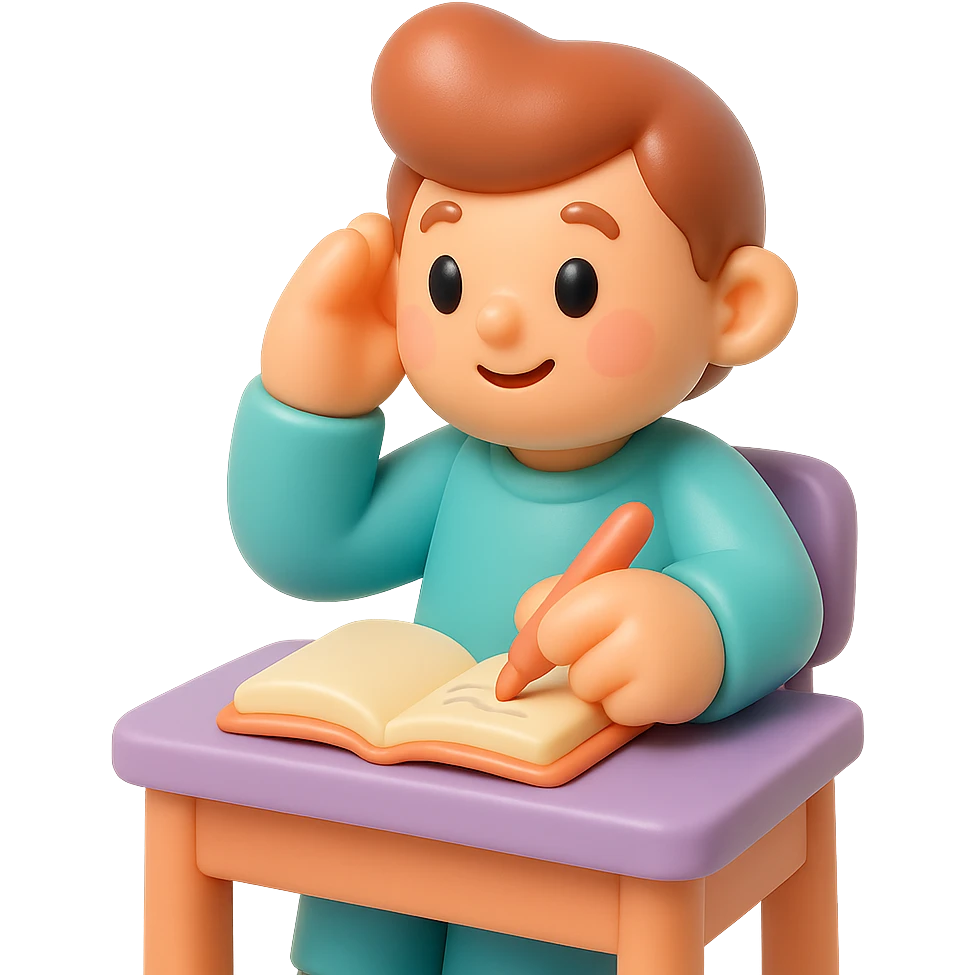 beginner author, sitting at a desk with a notebook, looking inspired and imaginative emoji