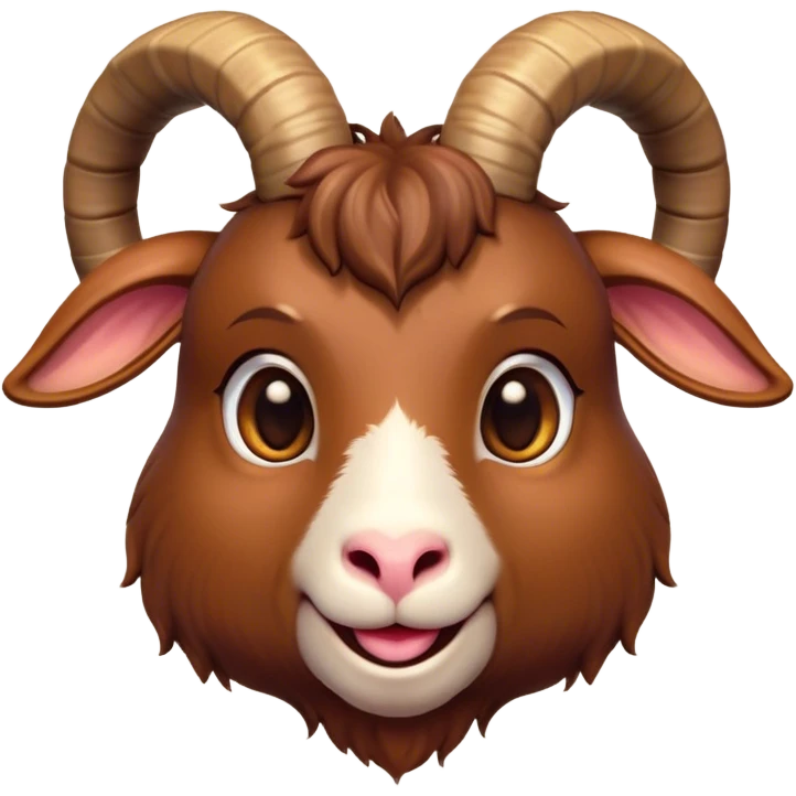 Cinematic Cute Brown Goat Portrait Emoji, Head tilted playfully and inquisitively, featuring a glossy, rich brown fur with charming curved horns, round, sparkling eyes filled with gentle curiosity, Simplified yet irresistibly adorable features, highly detailed, glowing with a warm, friendly glow, high shine, affectionate and lively, stylized with a touch of rustic whimsy, bright and endearing, soft glowing outline, capturing the essence of a mischievous yet loving goat, so playful it feels like it could trot out of the screen and into your arms! emoji