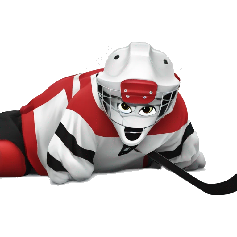A wolf hockey player lies on the ice in a red white and black uniform A wolf hockey player lies on the ice in a red white and black uniform emoji