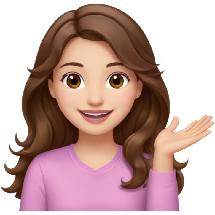 girl with wavy long brown hair, brown eyes, light to medium complexion, long lashes, light pink lipstick, smiling, wearing light pink shirt, clapping emoji