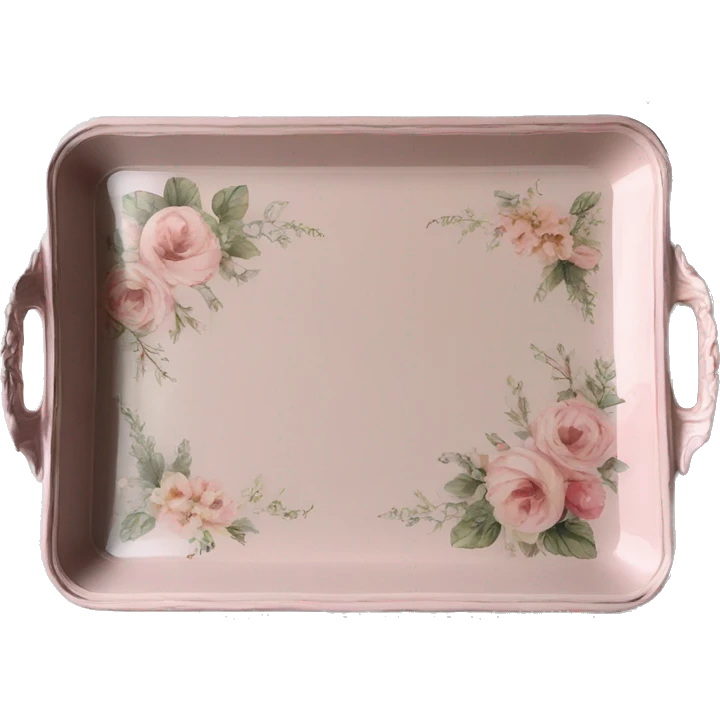 Light pink glass serving tray with handles, shabby chic style with floral print emoji