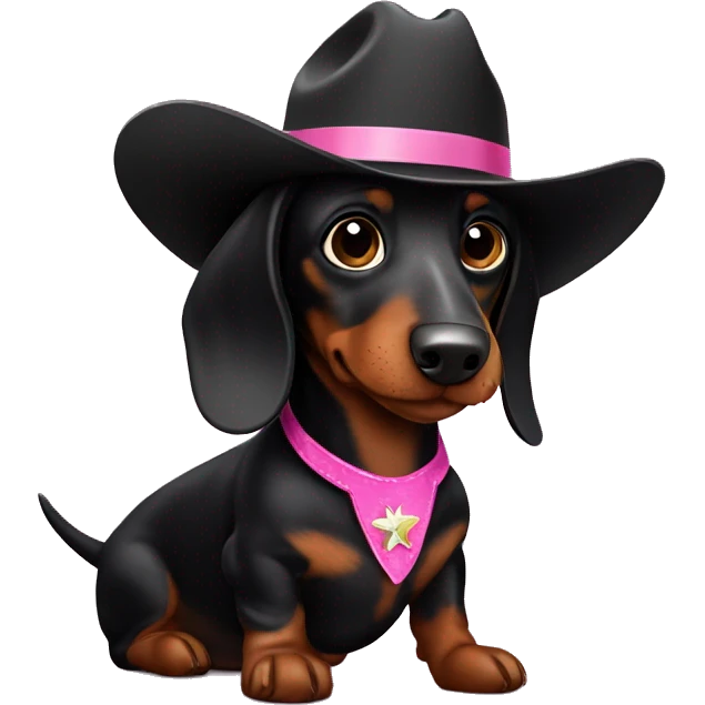 Black dachshund with pink cowboy hat emoji