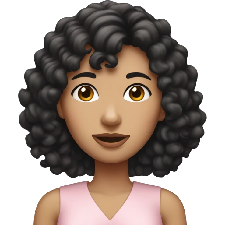 White woman with long black curly hair and bangs and dark brown eyes, wearing a pastel pink dress emoji