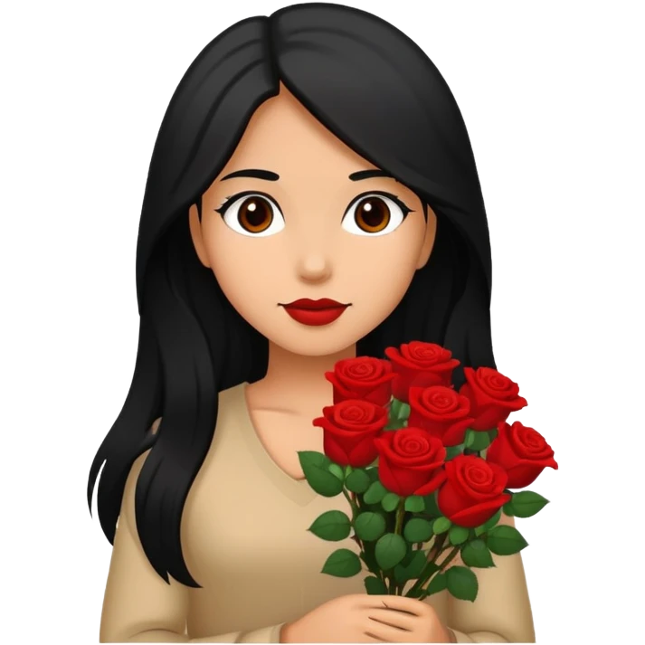 A girl with long black hair holding a bouquet of roses emoji