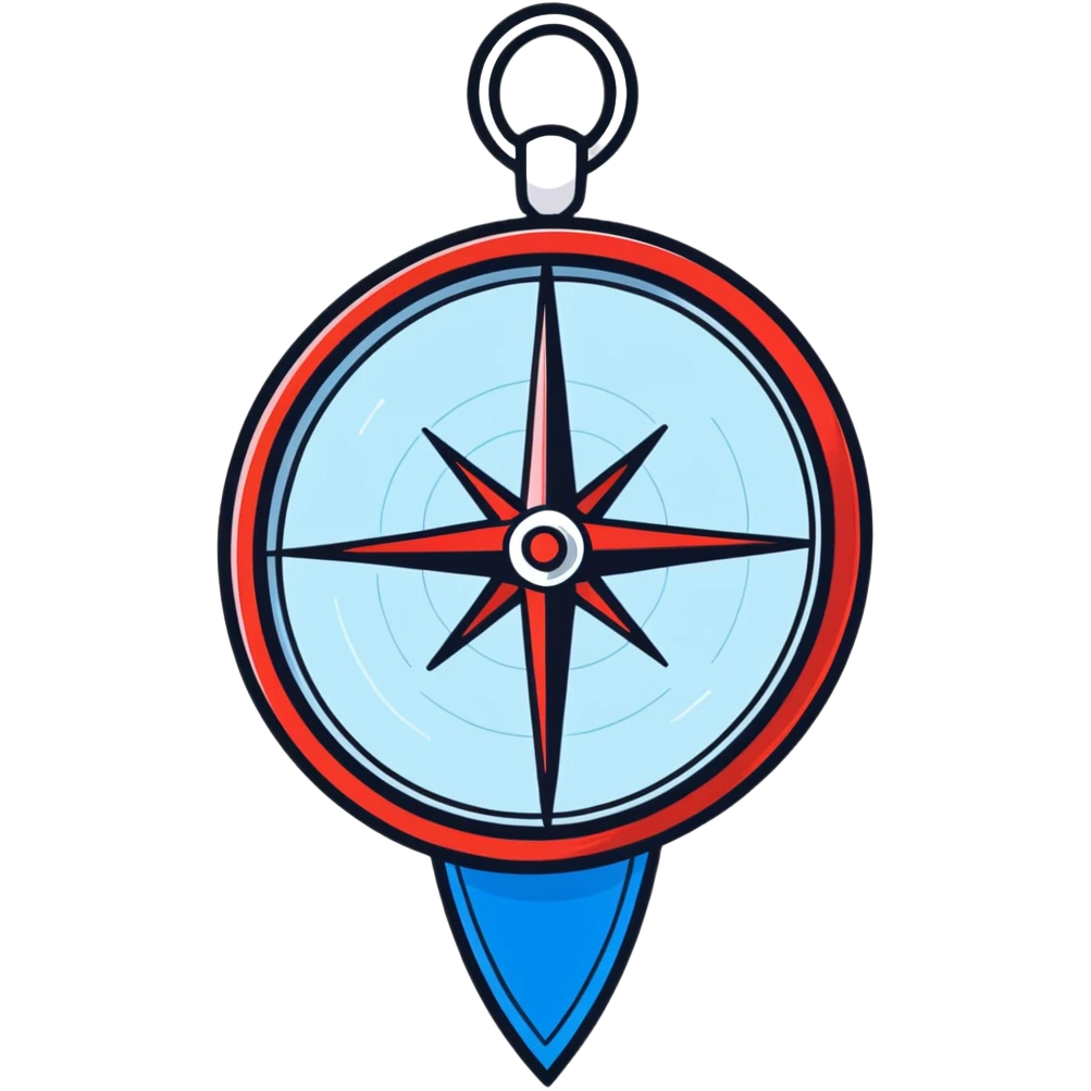 iOS compass with blue and red north/south markers hanging by a white ribbon emoji