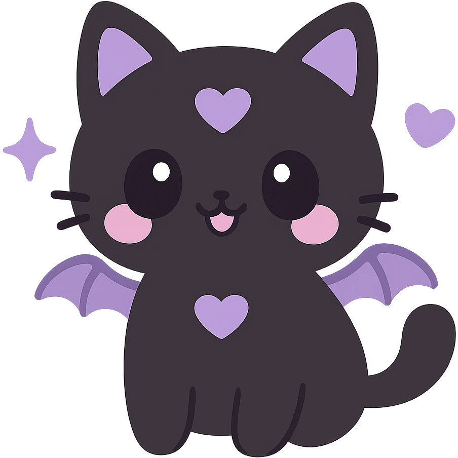 kawaii style gothic cat, cute face, black fur, purple heart markings, tiny bat wings, cheerful and magical emoji