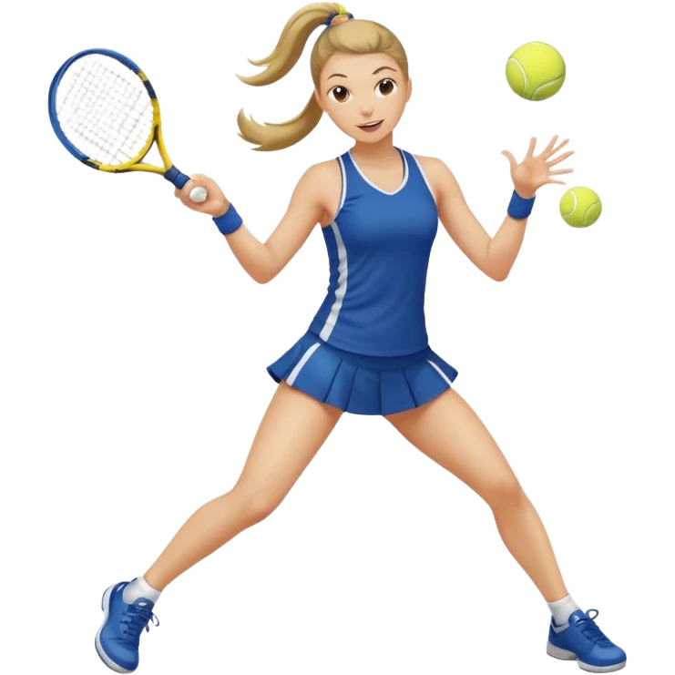 a woman with a ponytail hitting a tennis ball, athletic stance, cheerful emoji