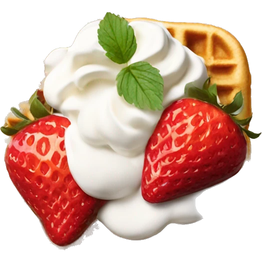 square waffle with dollop of whipped cream and strawberries on top emoji