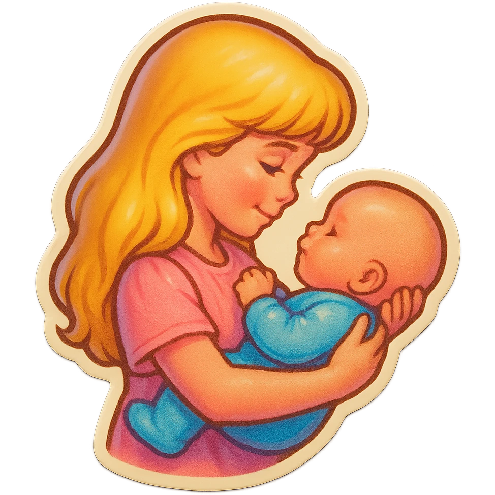 girl with long blonde hair holding a baby in her arms, gently looking at the baby, side view, retro stickers style, thin clean outlines, soft rounded shapes, pastel palette, retro sticker aesthetic, detailed shadows and highlights, soft lighting emoji