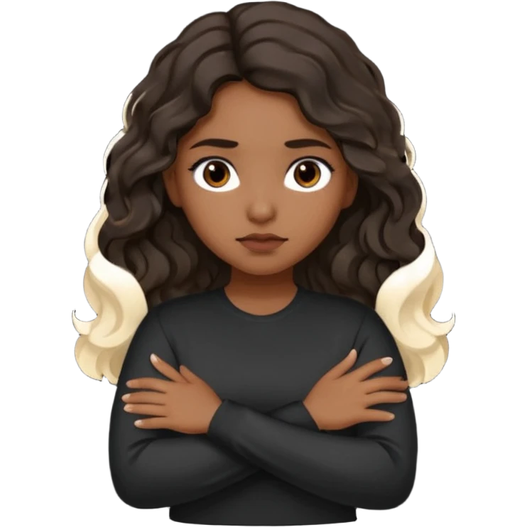 Hispanic girl dark long wavy hair crossing her arms with slight pout black long sleeve shirt emoji