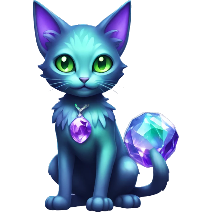 Shiny, Sparkly, Black Dark-type-Fairy-Type-Psychic-Ice-type-Fakémon-Cat Purple eyes, green gem, full body emoji