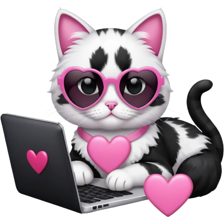 Black and white cat with pink ribbon and black cool sunglasses doing pink computer with pink heart emoji