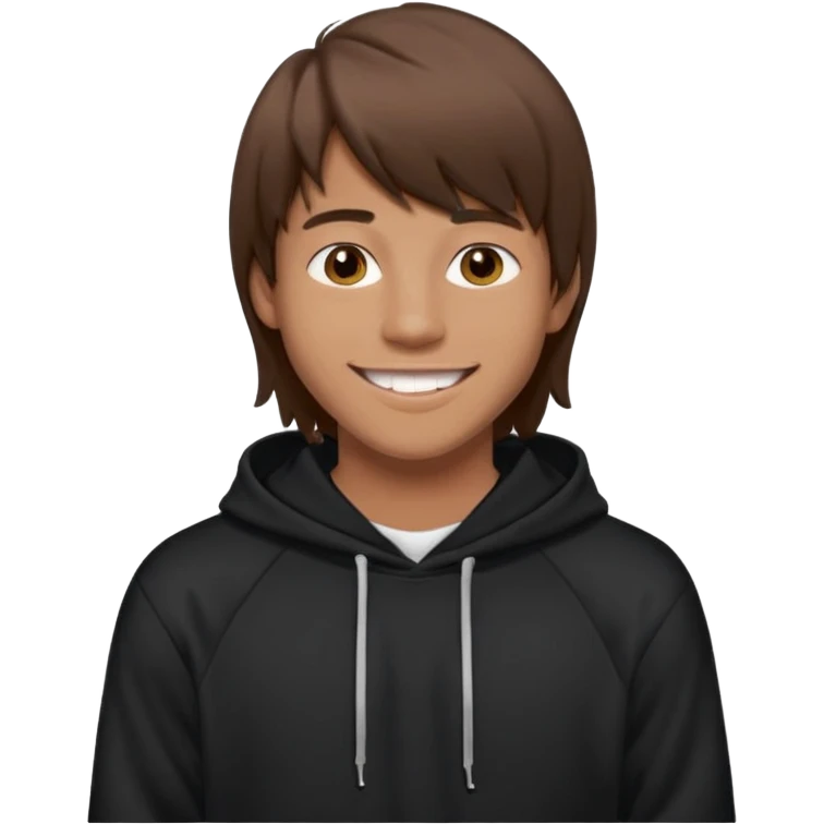 20 yr old man, brown hair, straight, big smile, white teeth, tanned skin, bangs, black hooded sweatshirt, long hair in back, middle parted bangs emoji