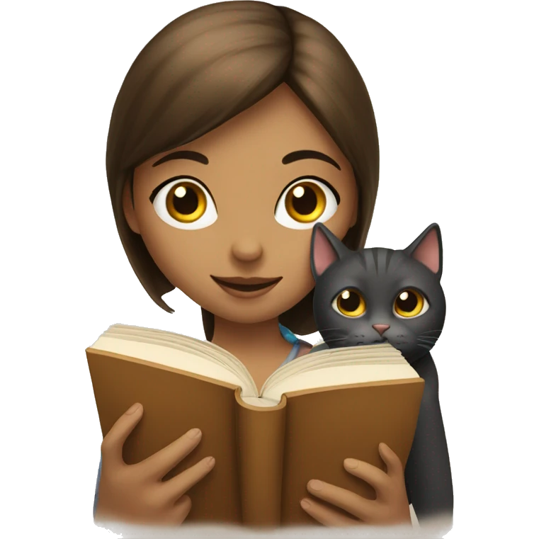 a girl reading a book and a cat emoji