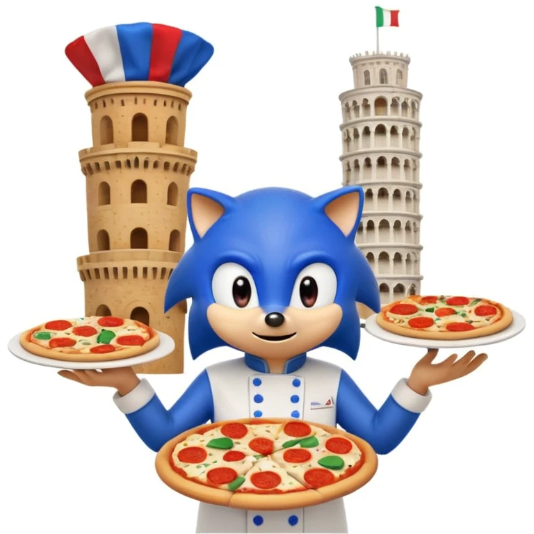 Humorous Sonic the Hedgehog in Italian chef outfit, holding pizza and spaghetti, surrounded by chaotic Italian symbols including Pisa, flags, pasta, red-checkered tablecloth, exaggerated and colorful, emoji style emoji