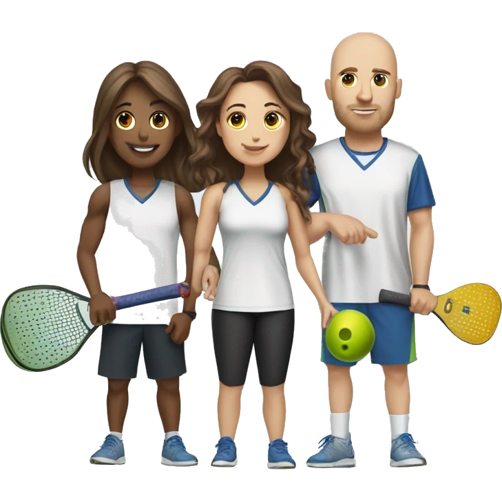 4 Caucasian people playing pickleball with 1 tall bald male, 1 shorter brown hair male, 1 girl with long brown hair, 1 girl  with brown hair emoji