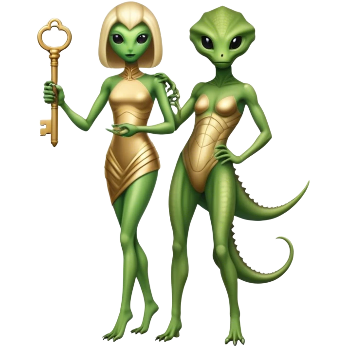 a reptilian alien woman full body, in gold dress, hold big key emoji