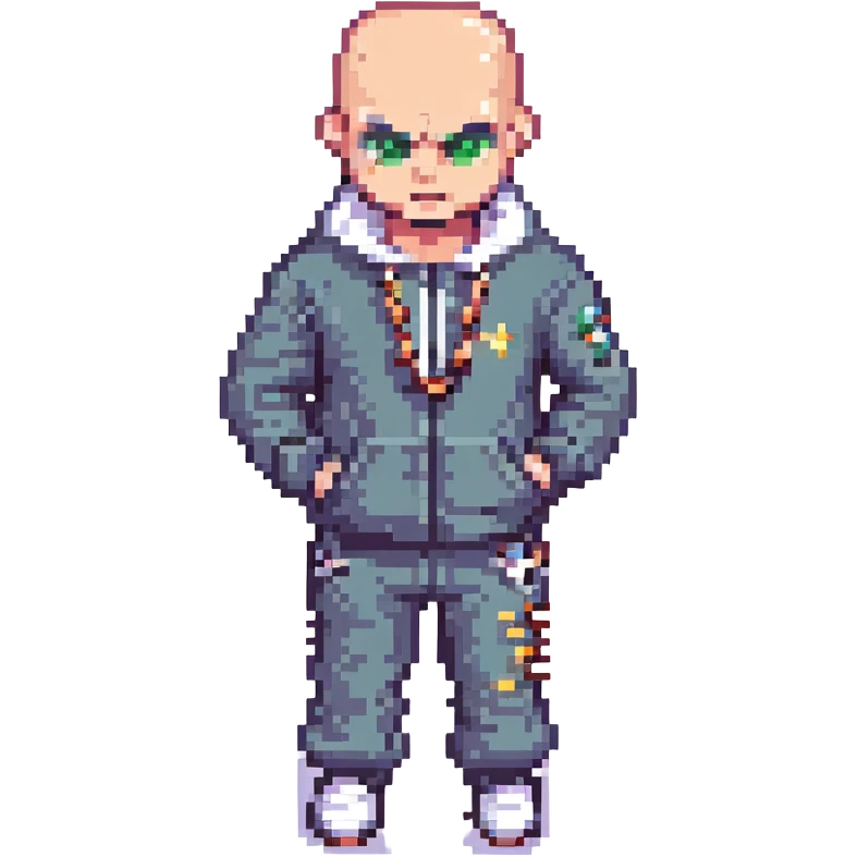 Pixel art thug in tracksuit, holding chain in Hand, bald head, angry expression, side view, retro arcade sprite
 emoji