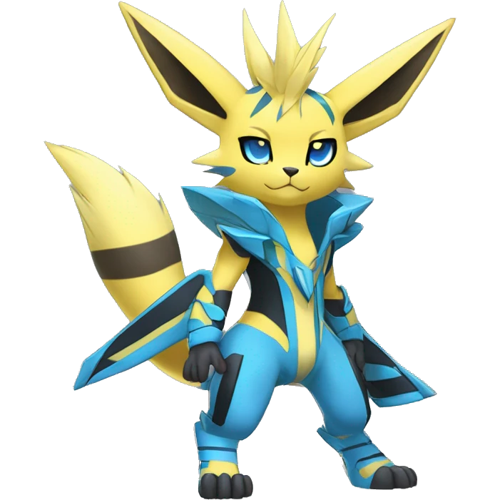 Anthro Edgy Cool Zeraora-Lombax-Jolteon-Pokémon-Fakémon with shiny blue stripes Full Body Detailed High Quality emoji