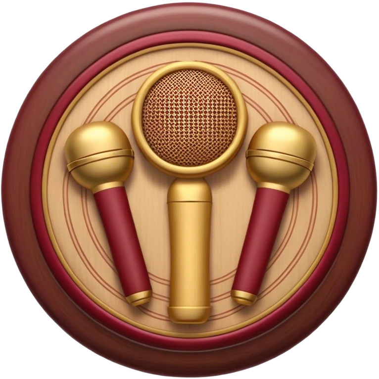 Create a warm and authentic humanless emoji representing folk singing. The design should feature a traditional folk microphone at the center, surrounded by classic instruments such as a bayan (button accordion), gusli (a traditional Russian zither), and a tambourine. Arrange these instruments in a harmonious, circular pattern to evoke a sense of folk music and community performance. Use natural, earthy colors like wood brown, deep red, and golden accents to reflect the rustic and heartfelt spirit of folk music. Add subtle musical notes to the background to convey the rhythm and harmony of the performance. The background should be transparent. emoji