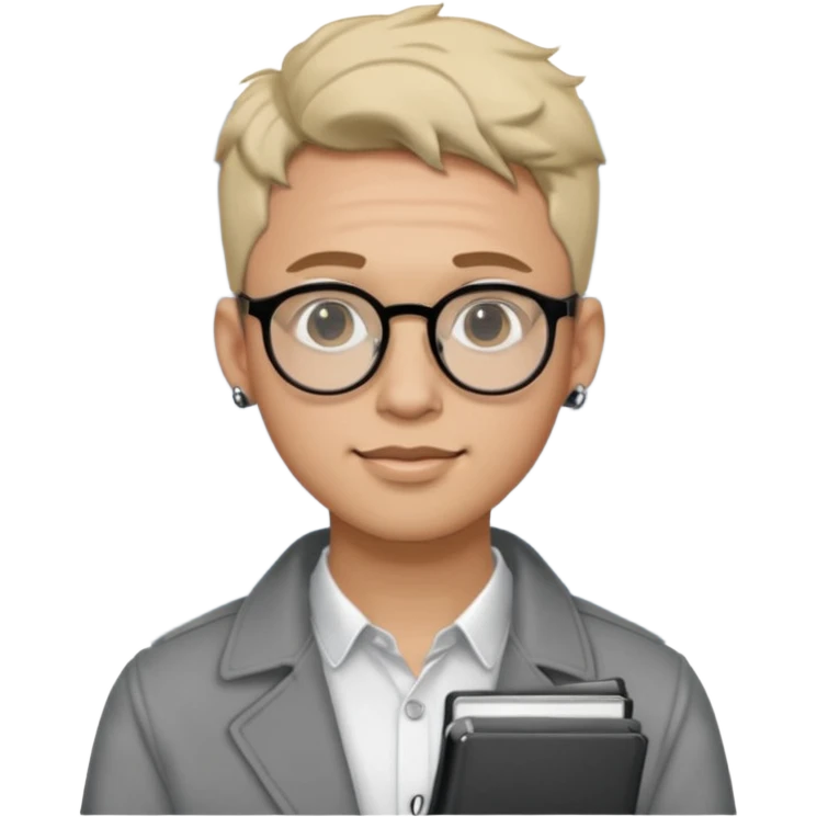 A man in his 20s wearing an apnotebook, wearing radio earrings, round glasses, achromatic clothes emoji