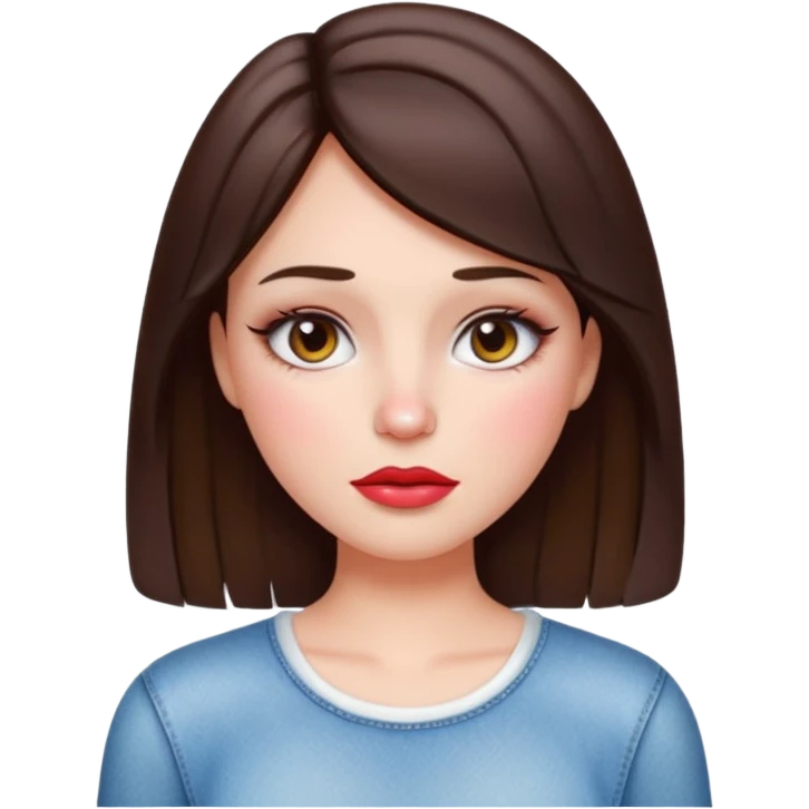 “Emoji brunette girl white top, dewy skin, heavy blush across cheeks and nose bridge, glossy cherry lips, soft eyeliner, teary sparkling eyes like hanni from new jeans emoji