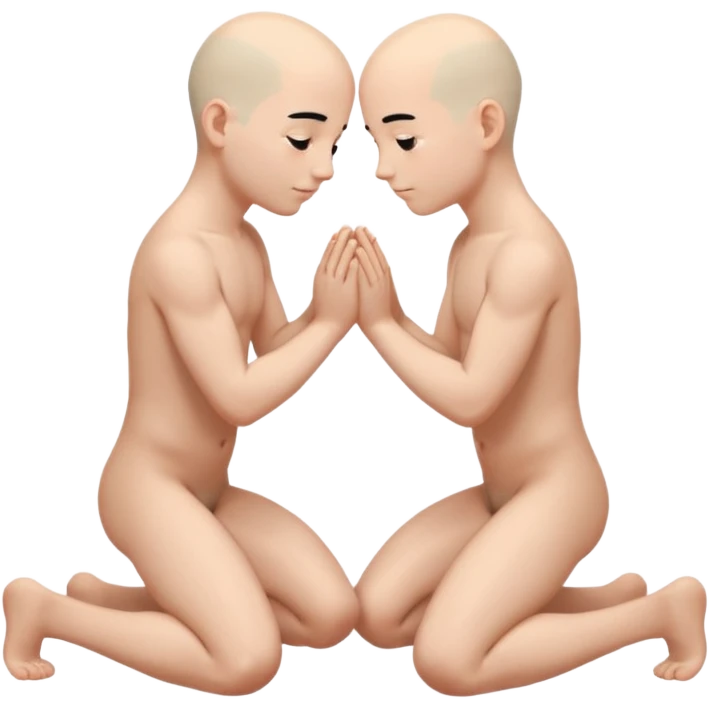 Two white boys. The first with black hair. The second bald. They are kneeling, facing each other, naked. They are holding each other's hands. emoji