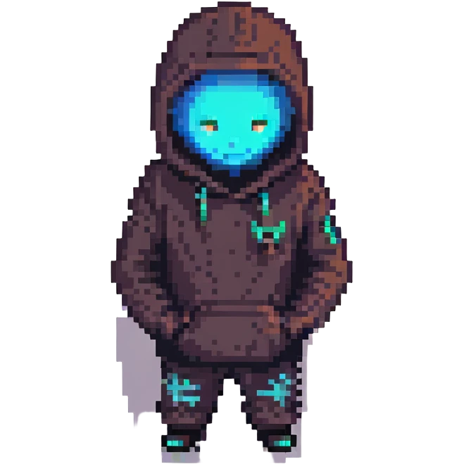 Pixelated hacker figure with hoodie and glowing eyes emoji