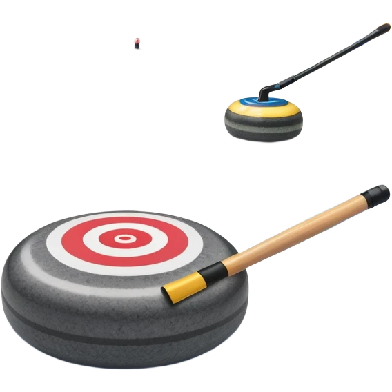 An icon featuring a curling stone in the foreground on an ice sheet with marked target circles. A curling broom rests nearby. In the background, a grand indoor stadium with bright lights and cheering fans. The ice reflects the vibrant colors of the surroundings. Transparent background. emoji