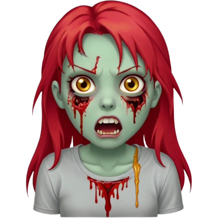 garota zumbi. Pele verde-acinzentada, olhos grandes e dourados, expressão assustada com a boca aberta. Ferimento com sangue no lado esquerdo do rosto e sangue escorrendo da boca. Cabelo longo, liso e ruivo (vermelho vibrante), repartido ao meio. Camiseta simples cinza. Fundo branco. emoji