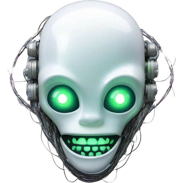 Alien robot head with glowing wires and white teeth  emoji
