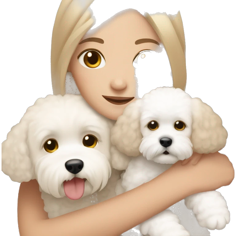 Girl with light brown medium length hair with brown eyes cuddling with her white Bichon frise with short hair emoji