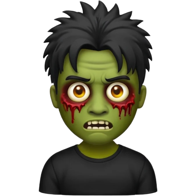 Emoji masculino de zumbi estilo iPhone,com cabelo ondulado mullet e preto, camisa preta e brincos emoji
