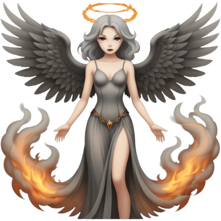 Winged woman standing motionless in smoke, restrained lust, infernal elegance emoji
