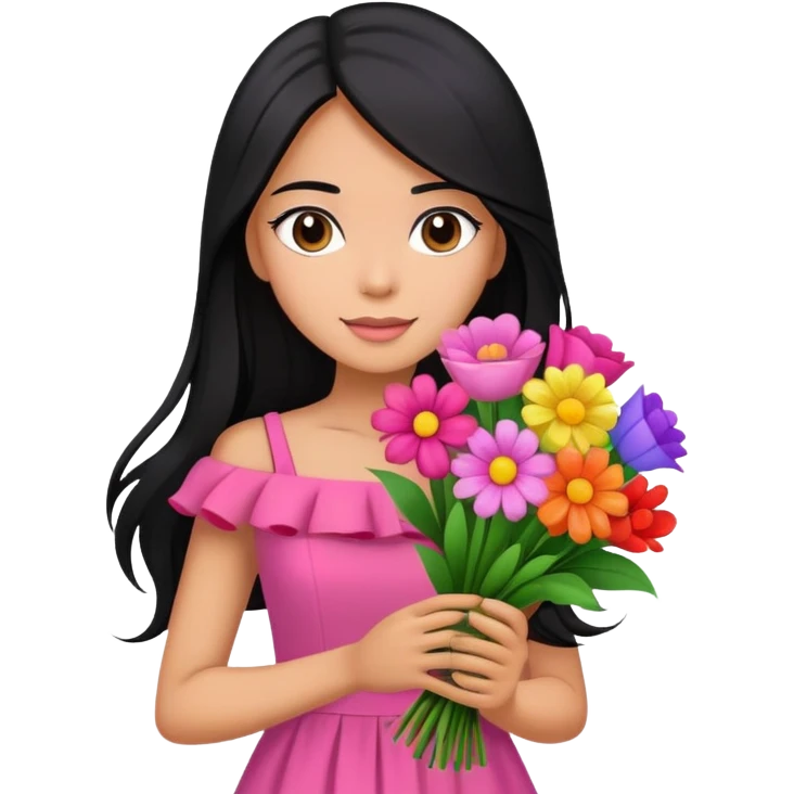 beautiful girl with long black hair wearing pink dress holding a colorful bouquet of flowers emoji