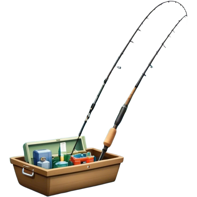 Icon for Fishing Travel: a boat on a calm lake surrounded by mountains and lush greenery, with fish jumping out of the water, a fishing rod, tackle box. The icon should capture the peaceful and adventurous nature of fishing trips. Transparent background. emoji