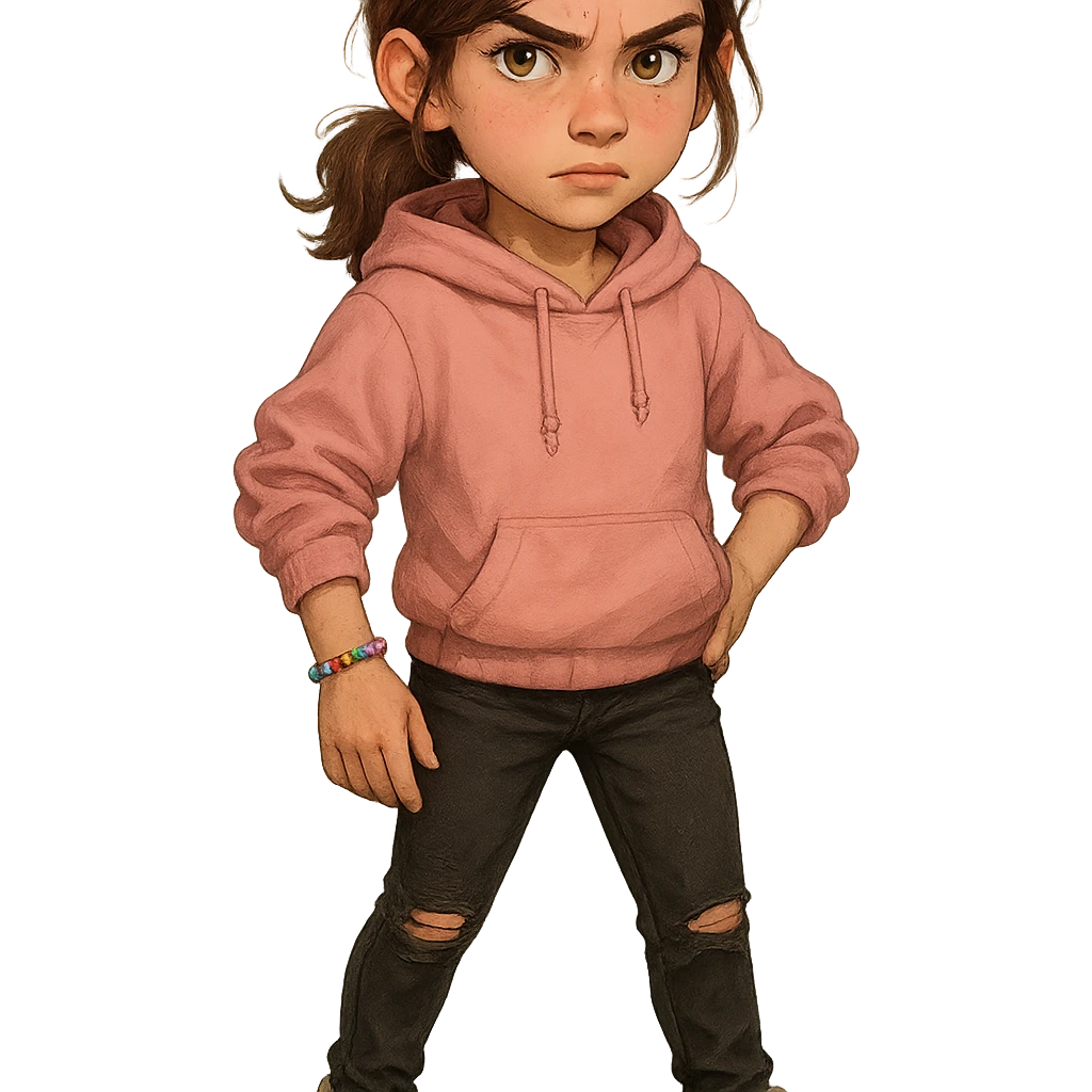 13-year-old girl with shoulder-length chestnut brown hair sometimes in a loose ponytail, hazel eyes with gold flecks, wearing a soft pink hoodie, black ripped jeans, white high-top sneakers, beaded friendship bracelet on wrist, casual cute style, bold curious expression with hint of suspicion, short agile brave presence emoji