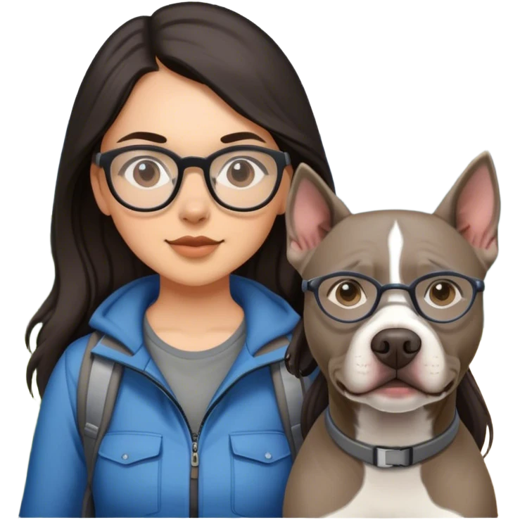 Girl with long dark hair and glasses hiking with grey pitbull emoji