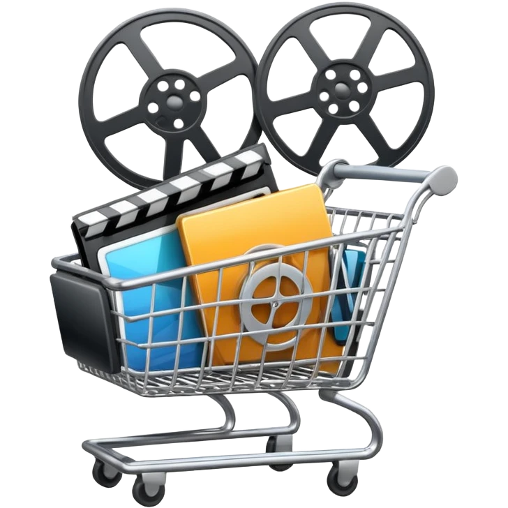 shopping cart filled with video player icons and a film reel emoji