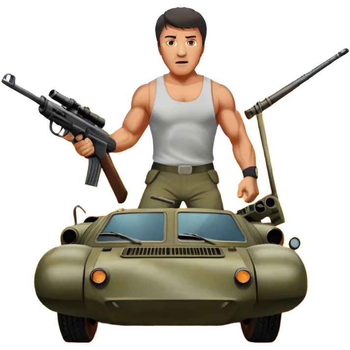 Icon for Action Movie: A vintage movie poster-style design featuring intense action scenes with explosions, weapons, and dramatic poses of Stallone. Include cars and helicopters flying out of flames in the background. Bold typography and retro cinematic style. Transparent background. emoji