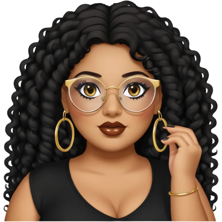 big plus size, latina, darker tan skin, gold hoops, long black curly hair, baddie,pretty, makeup, lipgloss, black eyeliner, long hair, black top, black glasses emoji