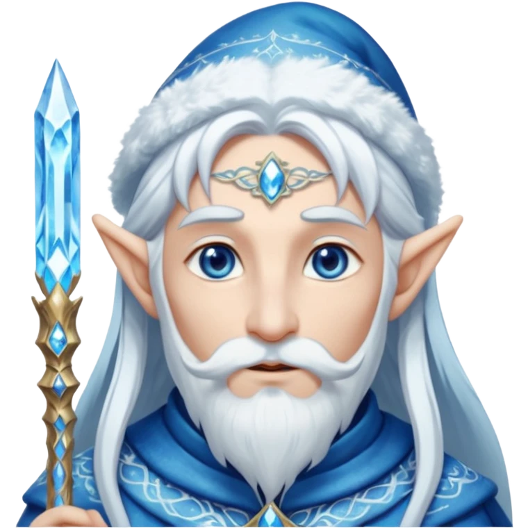 Legendary fantasy Christmas elf portrait icon, Santa Claus and Snow Maiden inspired, ancient winter spirit style, long flowing white-blue hair, glowing frost eyes, crystal staff, elegant elven features, divine winter magic aura, icy silver color palette, highly detailed but clean emoji icon male emoji