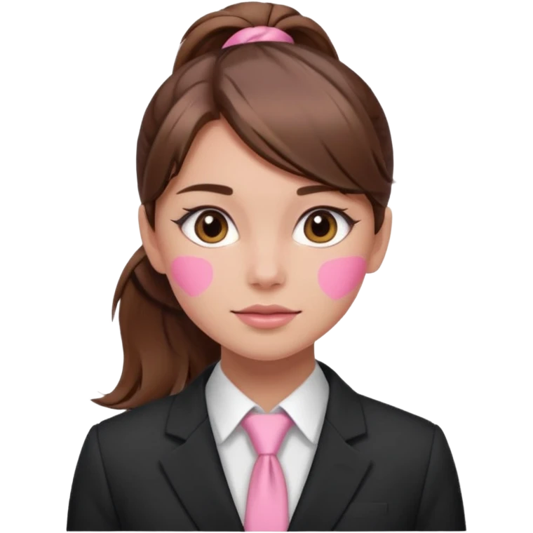 girl with brown hair in a ponytail in the middle with pink blush on her face and a suit emoji