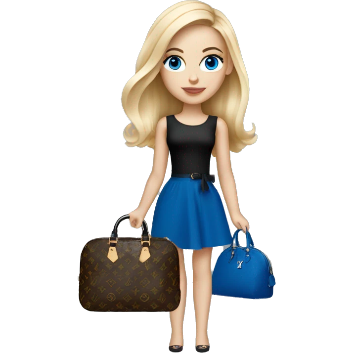 Blonde girl with Louis Vuitton monogram purse in tight short black dress bright blue eyes emoji