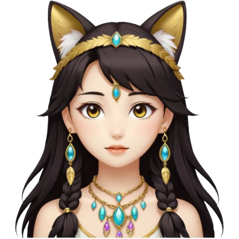 Beautiful gorgeous anime lady with beautiful dark-brown-special-hair, fashion aesthetic, ethereal, feather, accessories, gold jewelries, gold, colorful, feline ears emoji